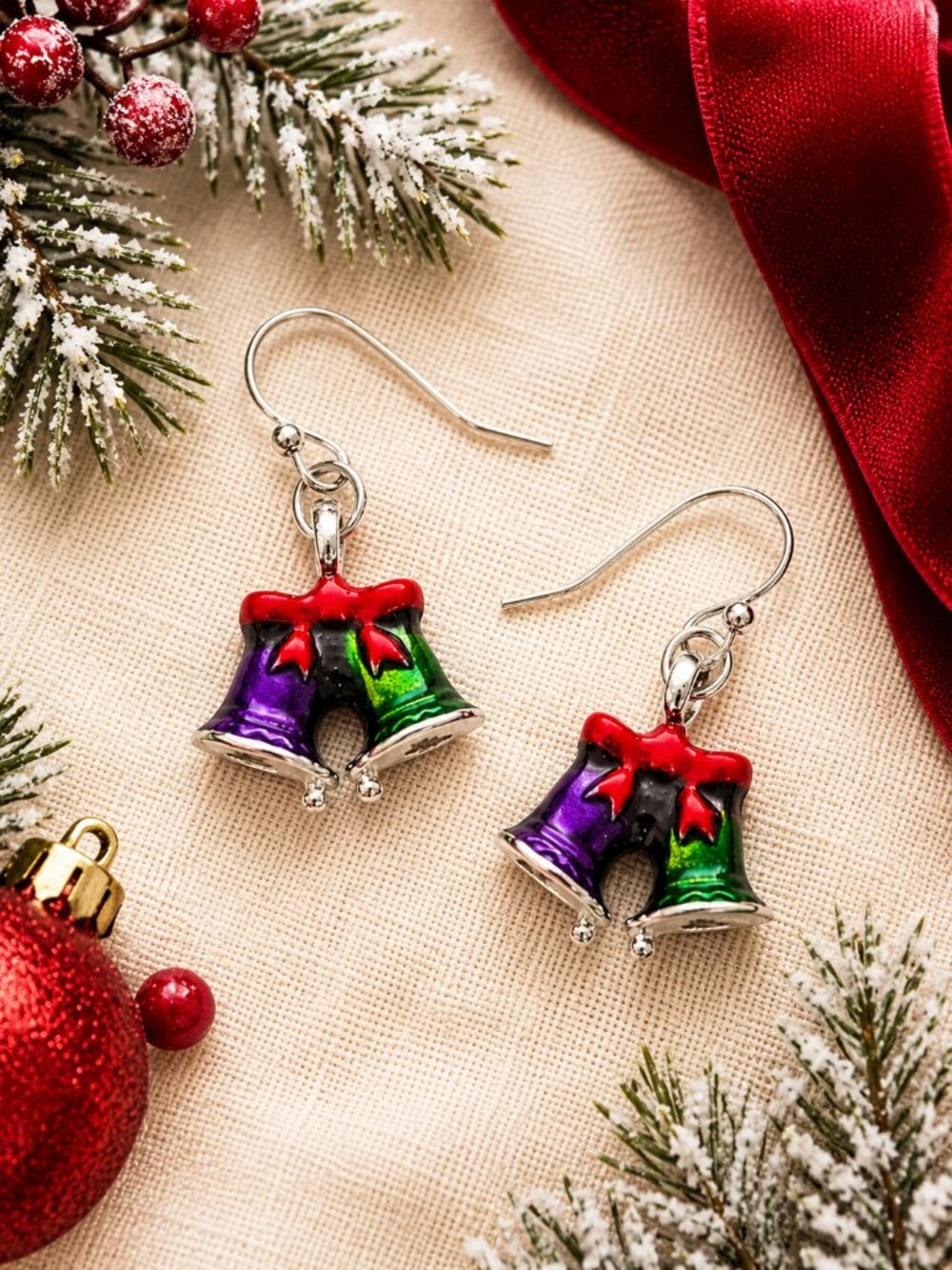 Christmas Jingle Bell Earrings Multicolor Enamel Silver Tone Dangle